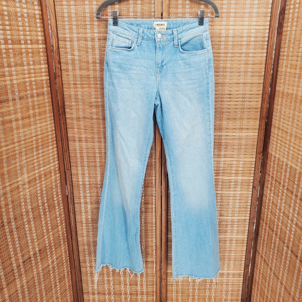♤ L’AGENCE Sera High Rise Flare Jeans Blue Cloud Raw Hem Size 24